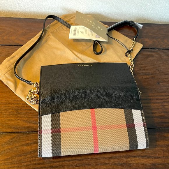 Burberry Henley Check Chain Crossbody Wallet Bag Leather & Fabric Black - Picture 5 of 13